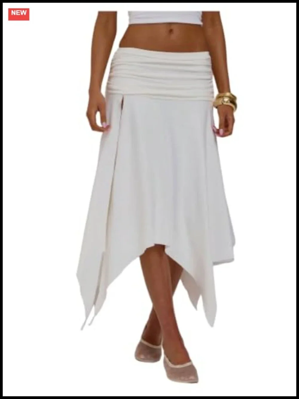 Asymmetrical Drop Waist Midi Skirt High Slit Ruched Foldover Flowy Summer
